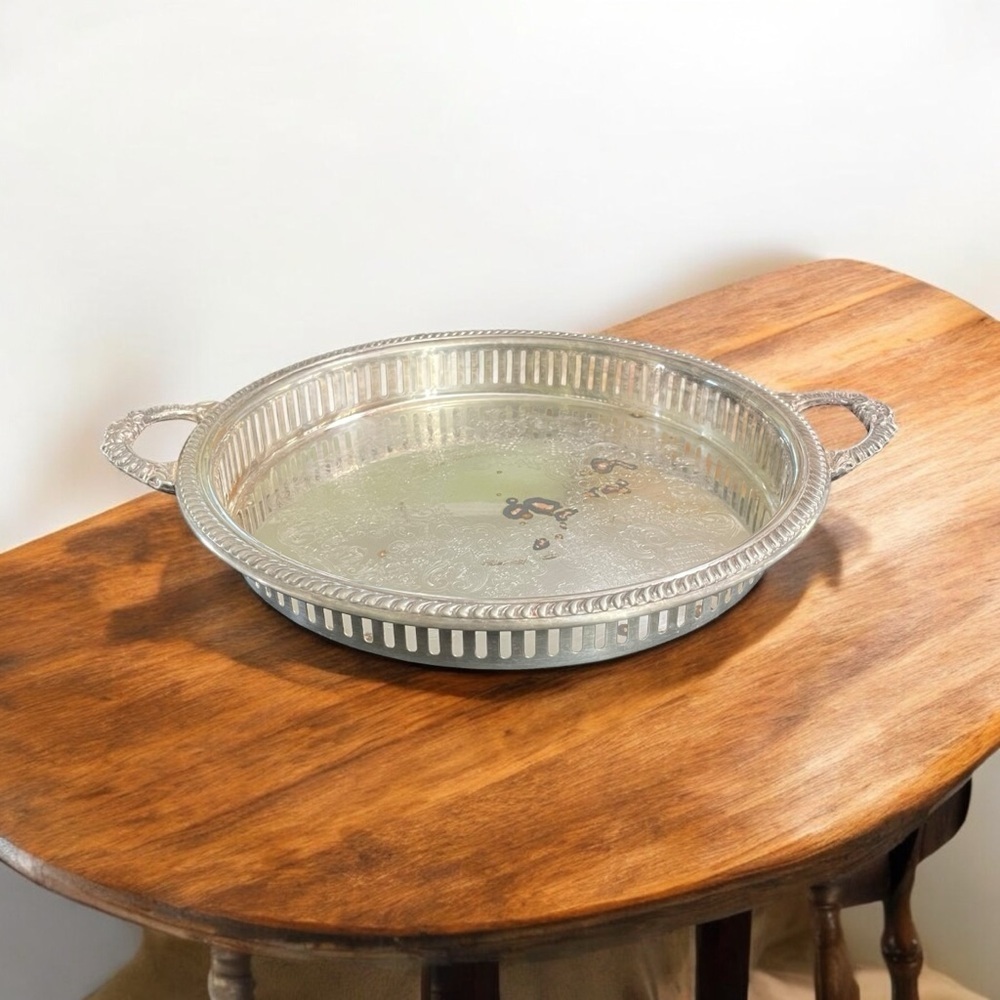 Vintage Crosby Silverplate Round Tray with Handles Serving Vintage